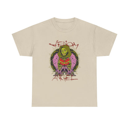 Chic beige men's t-shirt displaying the alluring 'Venom Angel' artwork, highlighting a dynamic green figure in a hood with vibrant pink wings, symbolising edgy luxury.
