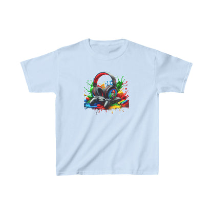 Unisex Children's Gaming Graphic Cotton Tee in Light Blue - Stunning gaming graphic featuring a headset and controller, perfect for stylish young gamers.
