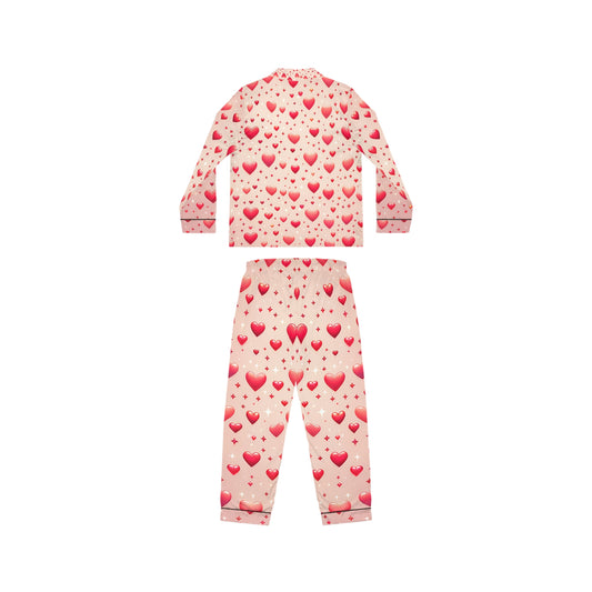 Luxury Women's Satin Pajamas Set with Custom Design, Notch Lapel and Drawstring Waist, showcasing the front view of a charming heart-printed satin set designed for ultimate comfort and elegance.