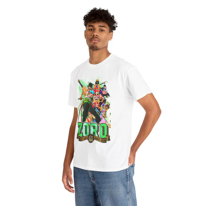 Stylish model wearing a luxurious Zoro anime T-shirt, showcasing vibrant artwork with intricate character details, designed for both comfort and fashion-forward expression.