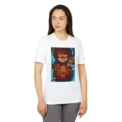 Front view of a model showcasing the Adidas Unisex Halloween Chucky Cute T-shirt featuring a playful Chucky graphic, ideal for a fashionable yet festive Halloween style.