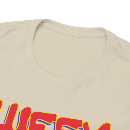 Close-up detail of a premium beige t-shirt collar, elegantly displaying the soft cotton fabric and vibrant 'Luffy' graphic, ideal for stylish casual wear.