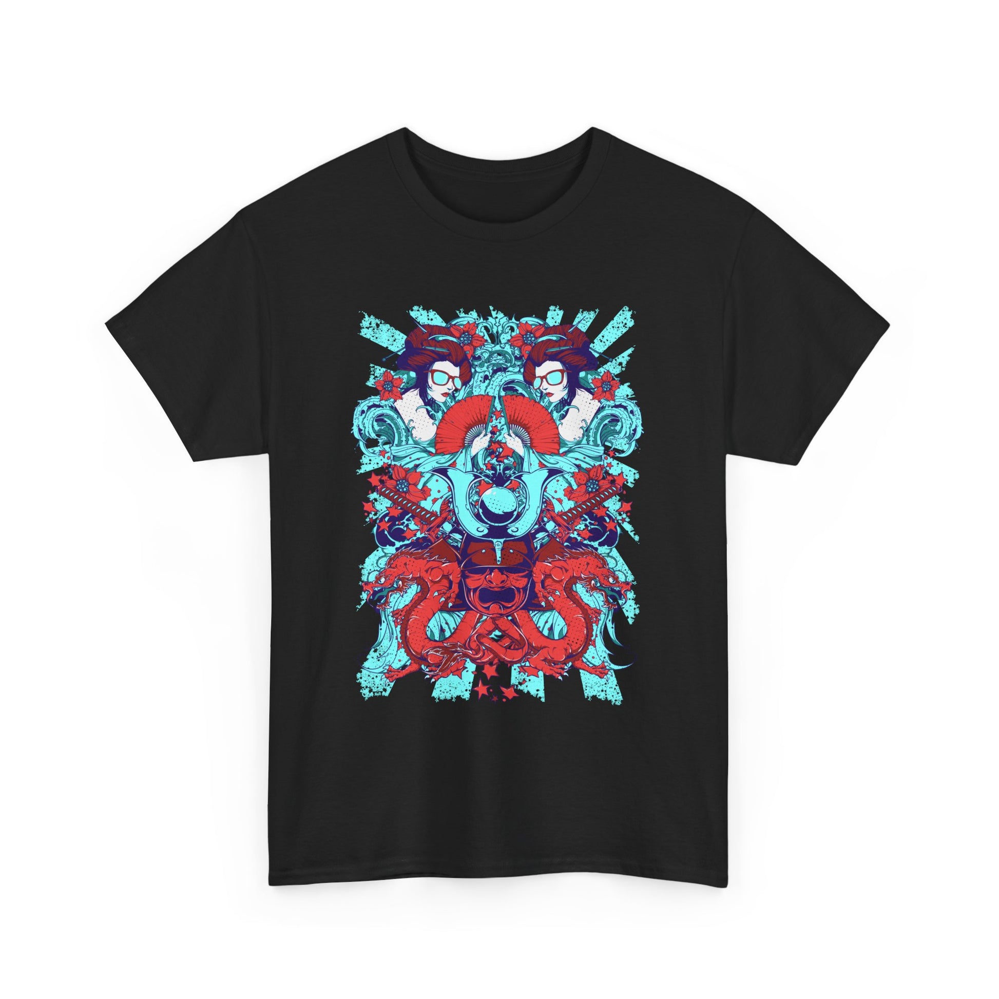 Luxurious graphic men's t-shirt featuring a stunning samurai kabuto design along with intricate geishas and vibrant dragons, set against a textured black background, perfect for making a bold fashion statement.