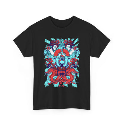 Luxurious graphic men's t-shirt featuring a stunning samurai kabuto design along with intricate geishas and vibrant dragons, set against a textured black background, perfect for making a bold fashion statement.