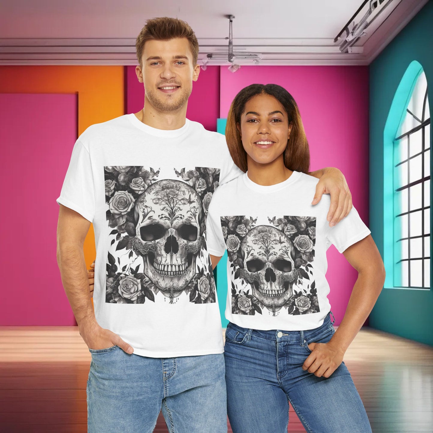 Skulls and Roses Cotton Tee, Unisex Graphic Shirt,