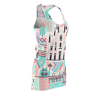 Model wearing the Vivienne Fiorucci Milan Dress in an urban setting, embodying chic street fashion with pastel colours and unique prints.