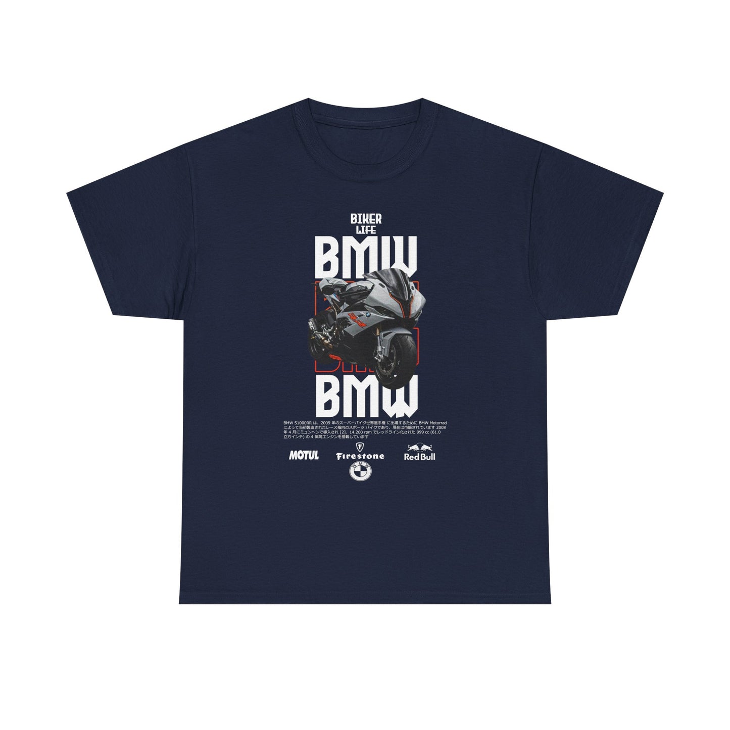 Classic navy men's t-shirt adorned with a captivating BMW motorcycle design, crafted for motorcycle enthusiasts who value comfort and quality.