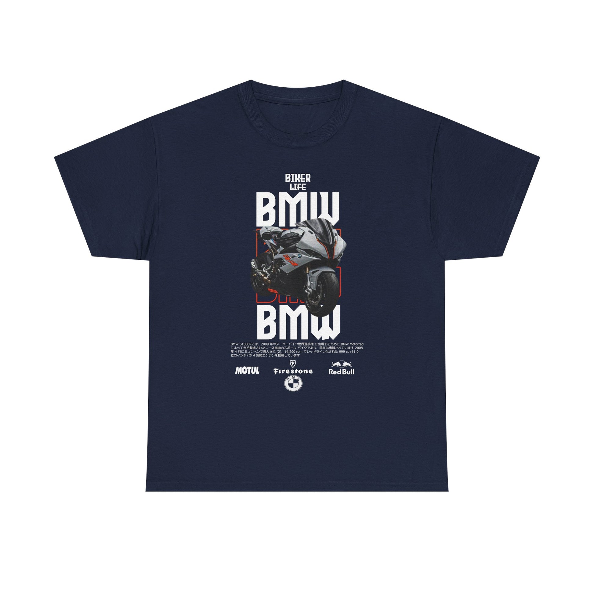 Classic navy men's t-shirt adorned with a captivating BMW motorcycle design, crafted for motorcycle enthusiasts who value comfort and quality.