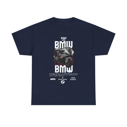 Classic navy men's t-shirt adorned with a captivating BMW motorcycle design, crafted for motorcycle enthusiasts who value comfort and quality.