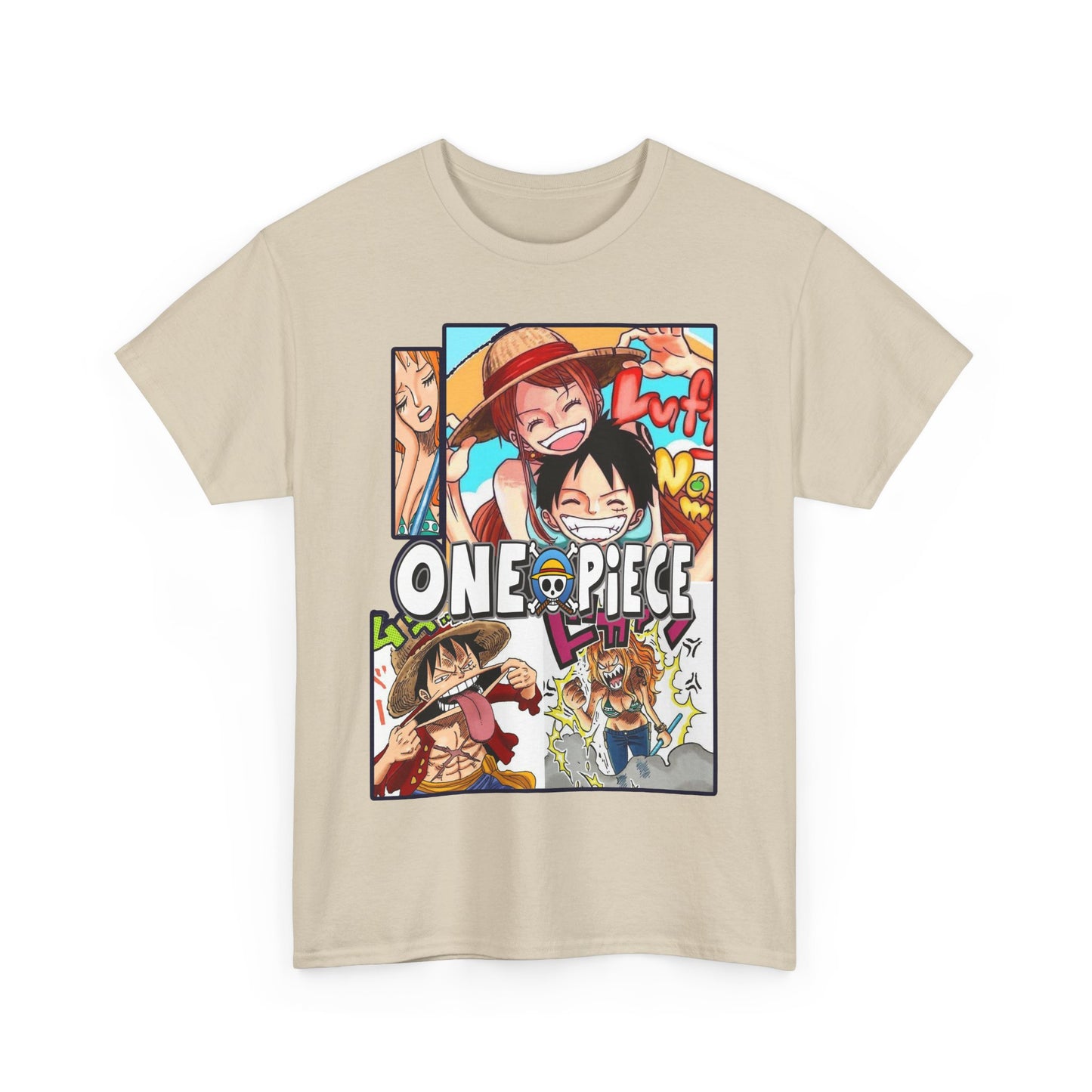 Elegant beige men's t-shirt adorned with a stunning One Piece manga collage, epitomising a blend of art and fashion.