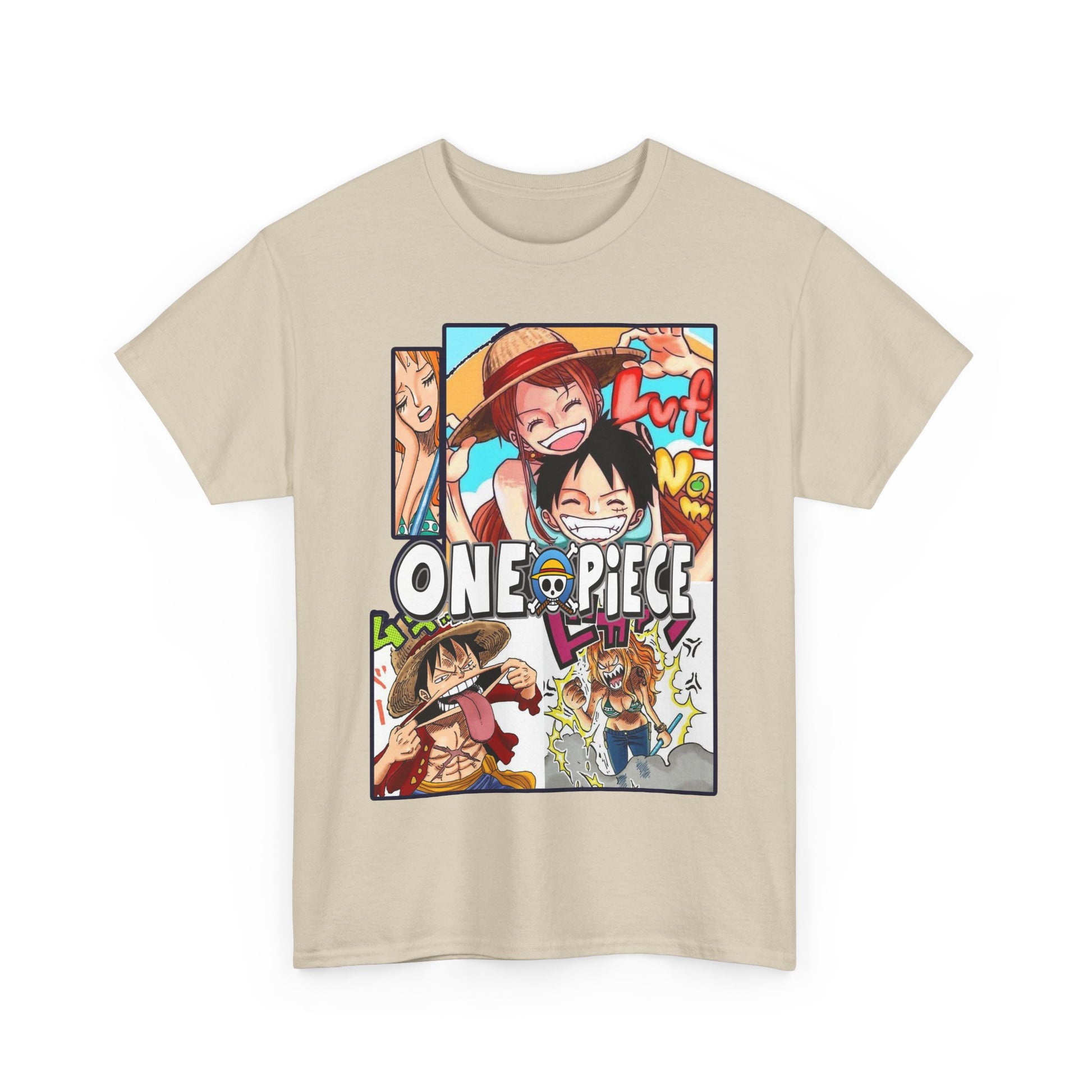 Elegant beige men's t-shirt adorned with a stunning One Piece manga collage, epitomising a blend of art and fashion.