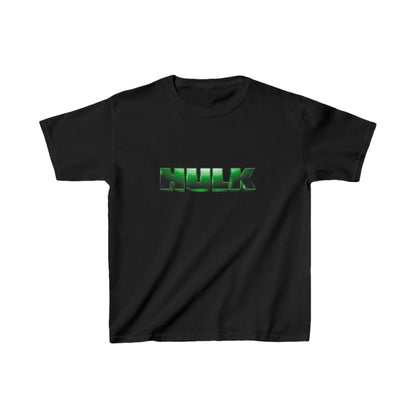 Kids Heavy-Duty Hulk Graphic Tee, black colour, showcasing a bold Hulk logo ideal for budding superheroes, combining style and durability.