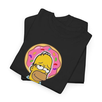 Buddha Homer Funny Graphic Unisex T Shirt TEE showcasing a close-up of Homer Simpson's playful expression with a pink donut halo, ideal for adding a humorous touch to your wardrobe.