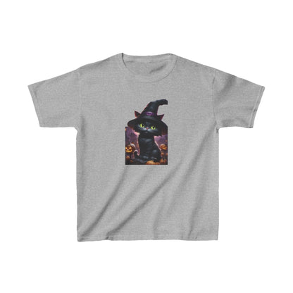 Kids Cute Kitten Halloween T-shirt in classic grey displaying a whimsical kitten in a witch's hat, ideal for stylish Halloween fun.