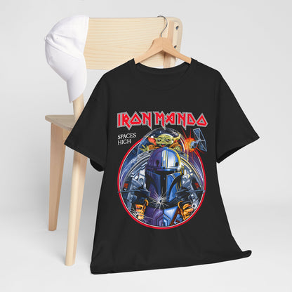 Stylish Iron Mando Graphic Tee displayed on a hanger with a trendy cap, showcasing its Mandalorian design for casual elegance.