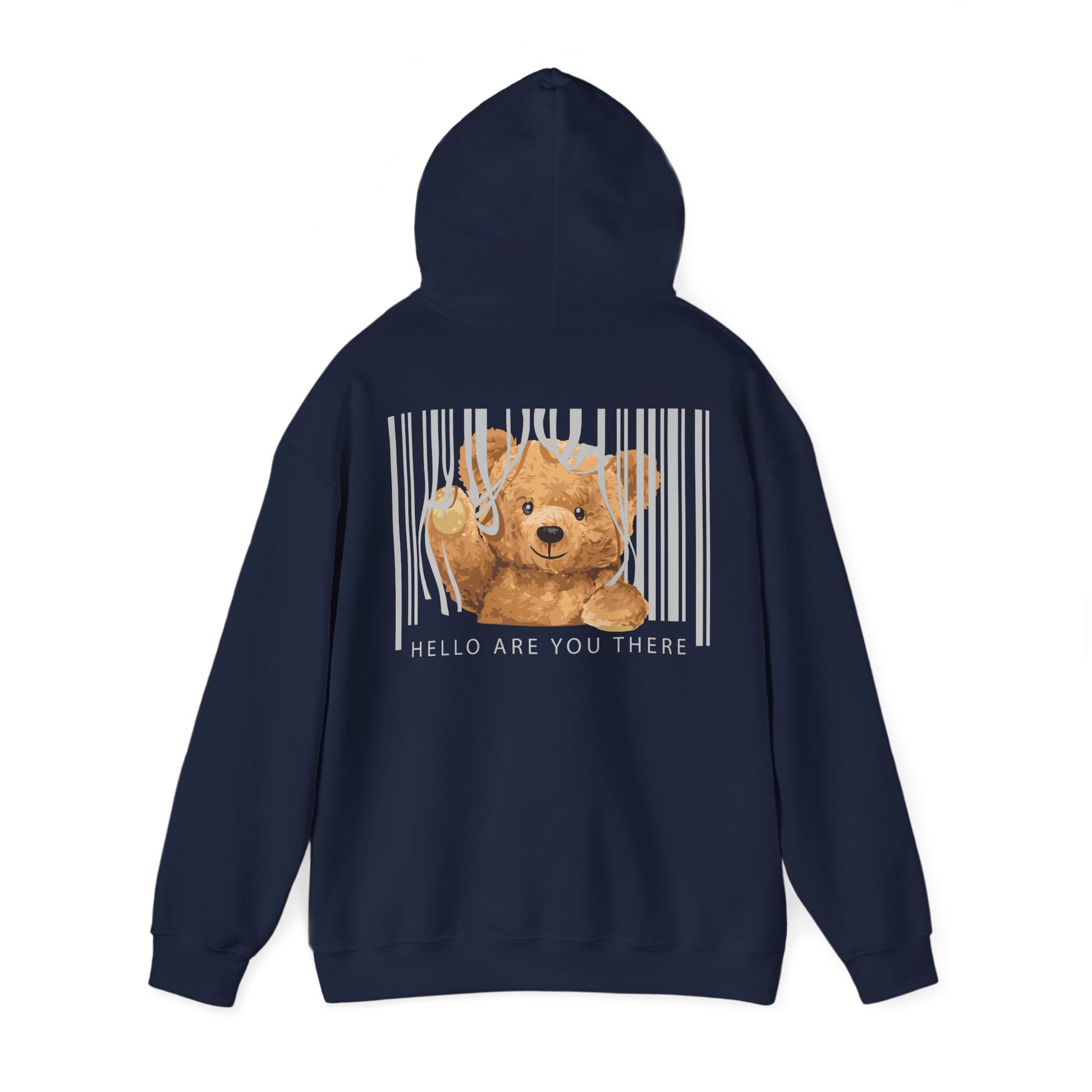 Navy blue hoodie displaying an enchanting teddy bear design set against a barcode, complete with the welcoming phrase 'HELLO ARE YOU THERE' below.