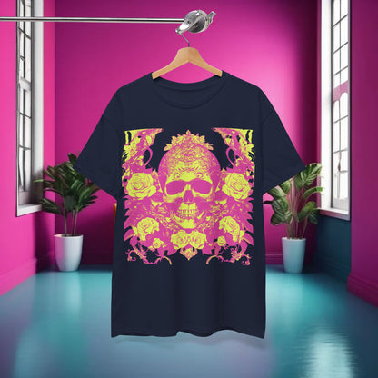 Lifestyle image showcasing the Skulls and Roses Cotton Tee displayed in a stylish interior, reflecting elegance and bold fashion choices.