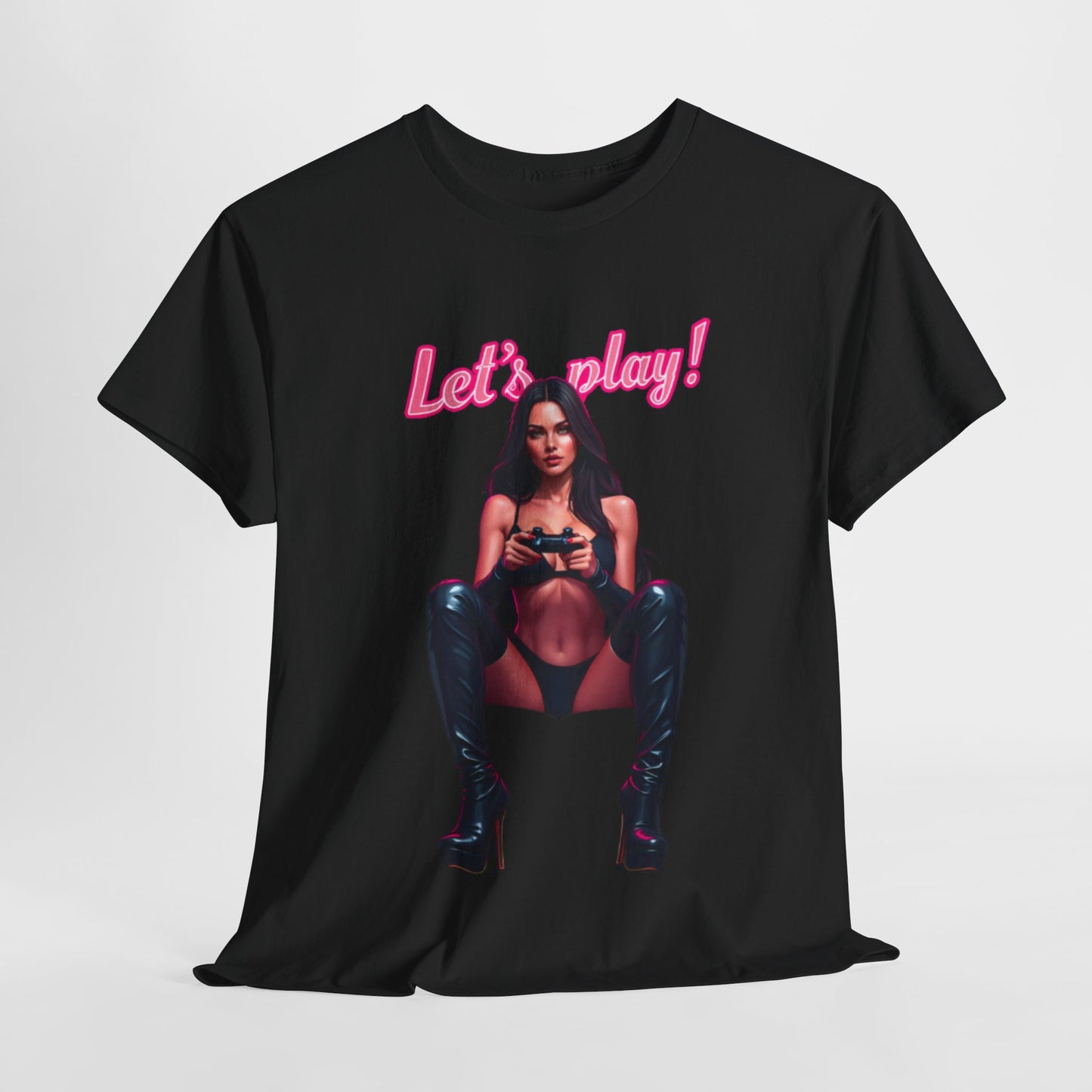 Luxurious black graphic t-shirt featuring a bold and playful 'Let's play!' design, showcasing a confident figure holding a gaming controller. Ideal for stylish gamers who embrace their passion with elegance.