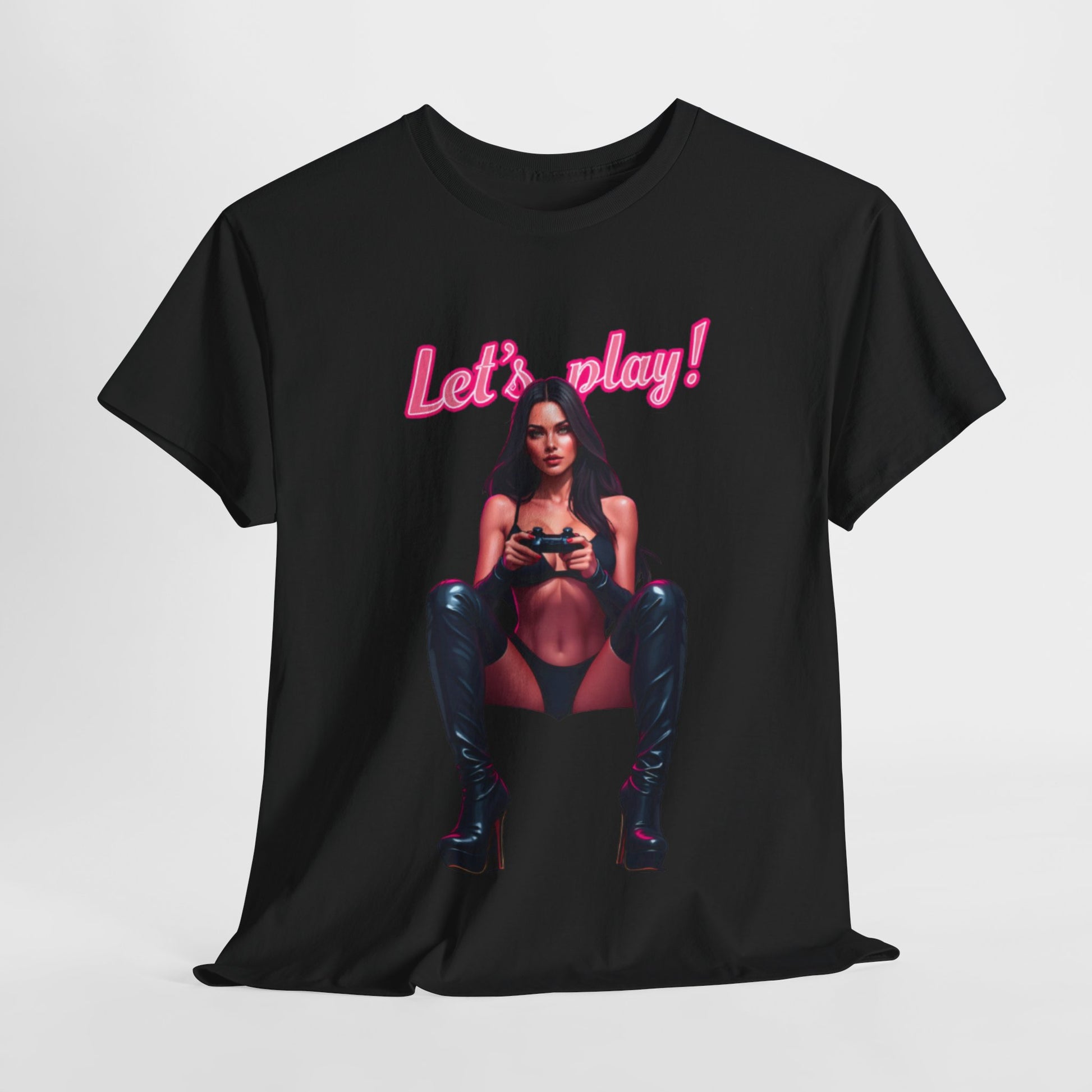 Luxurious black graphic t-shirt featuring a bold and playful 'Let's play!' design, showcasing a confident figure holding a gaming controller. Ideal for stylish gamers who embrace their passion with elegance.