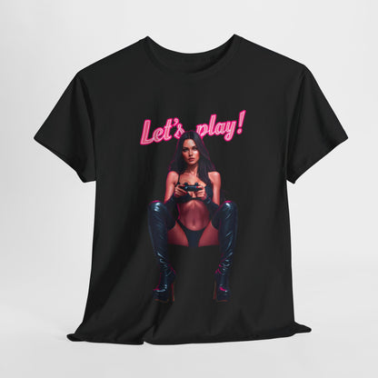 Luxurious black graphic t-shirt featuring a bold and playful 'Let's play!' design, showcasing a confident figure holding a gaming controller. Ideal for stylish gamers who embrace their passion with elegance.