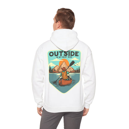 Stylishly model the white retro back print hoodie featuring a kayaker against a backdrop of mountains and sunrise, showcasing the inspirational phrase 'OUTSIDE IS MY BEST SIDE'.