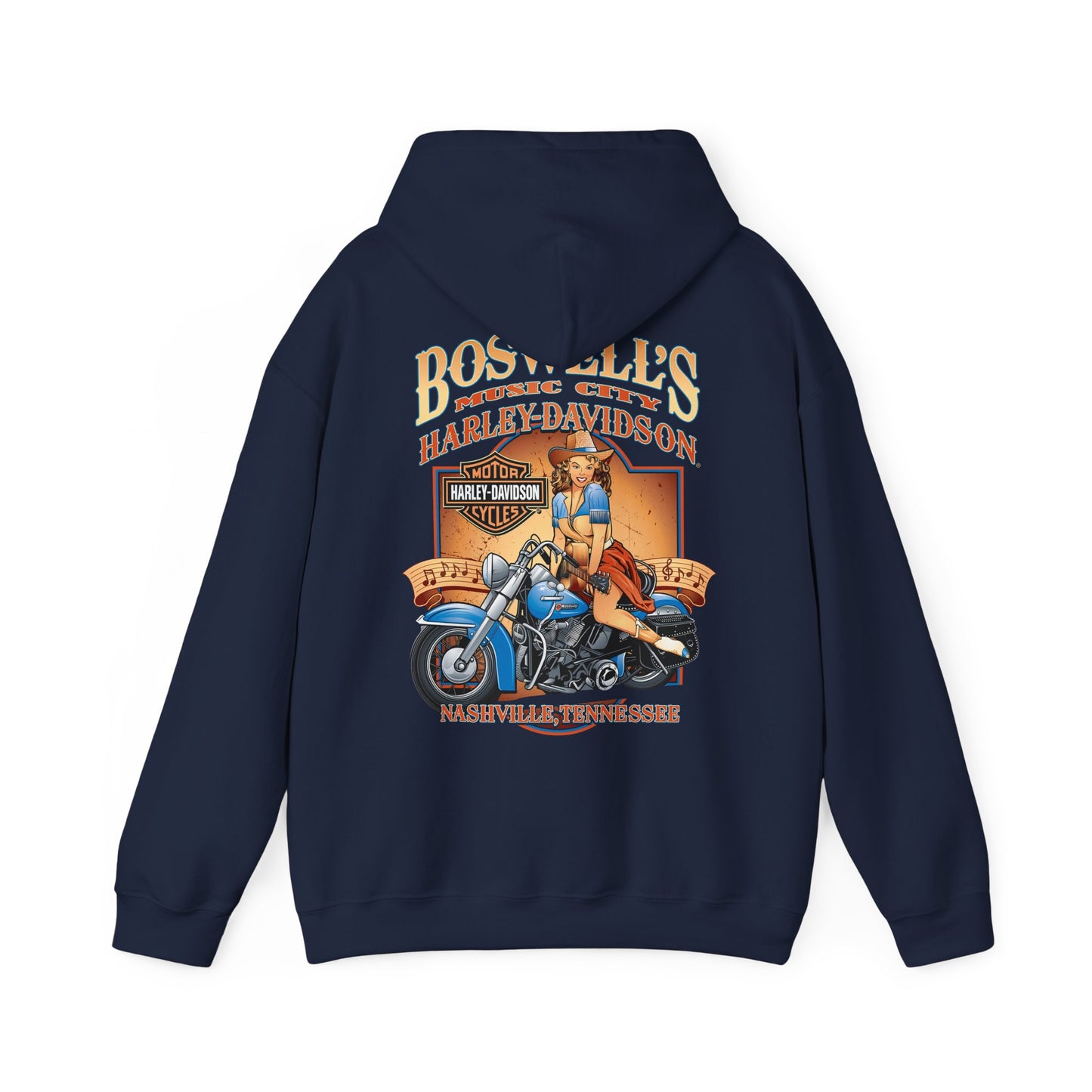Refined navy hoodie featuring a glamorous pin-up art design of a woman with a guitar on a motorcycle, complete with 'Boswell's Music City' and 'Harley-Davidson' insignia, perfect for those who appreciate luxury and style.
