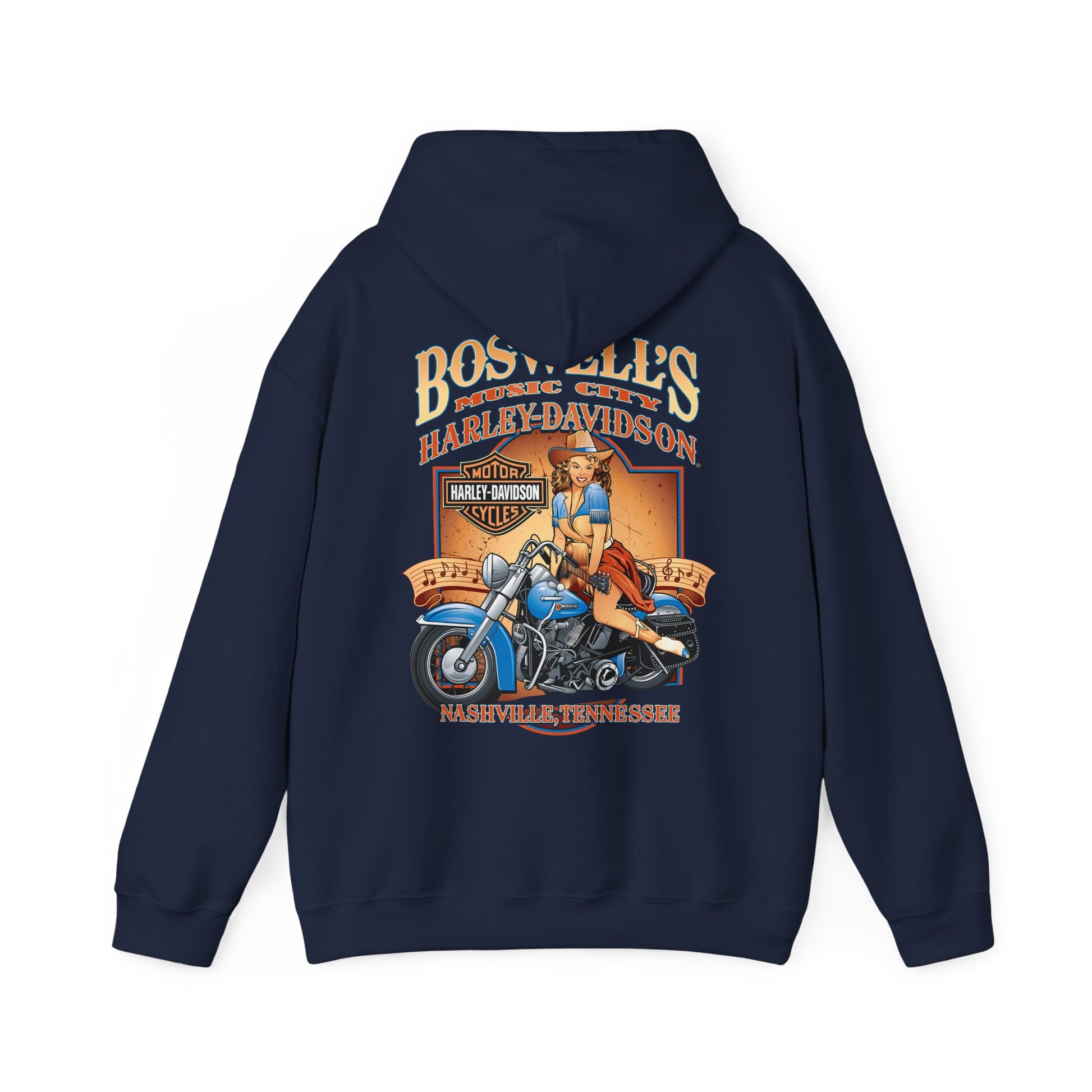 Refined navy hoodie featuring a glamorous pin-up art design of a woman with a guitar on a motorcycle, complete with 'Boswell's Music City' and 'Harley-Davidson' insignia, perfect for those who appreciate luxury and style.