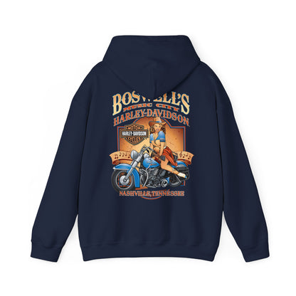 Refined navy hoodie featuring a glamorous pin-up art design of a woman with a guitar on a motorcycle, complete with 'Boswell's Music City' and 'Harley-Davidson' insignia, perfect for those who appreciate luxury and style.