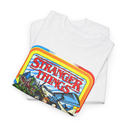 Premium fold of a unisex 'Stranger Things' graphic t-shirt, emblazoned with a retro-inspired design that captures the whimsical charm of the hit series.