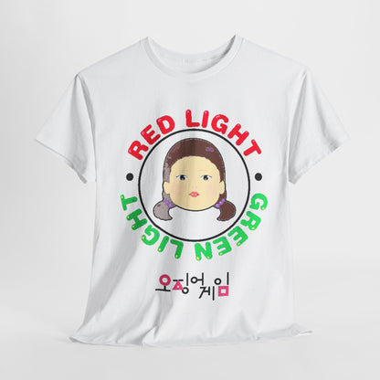 Luxury Squid Game Unisex Men´s Women´s Graphic Cotton Funny T Shirt featuring a striking design with 'RED LIGHT' and 'GREEN LIGHT' text and a character illustration, perfect for street style enthusiasts and fans of the famous series.
