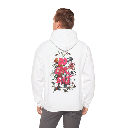 Model demonstrating the white hoodie with the 'DO EPIC SH*T' graphic on the back, presenting a fashionable look that combines artistic expression with everyday wear.