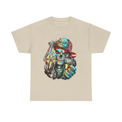 Elegant men's beige t-shirt showcasing a dramatic stylised skull design with vibrant accessories, epitomising urban sophistication and style.