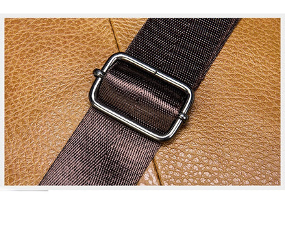 Detail of the adjustable strap buckle on the Dazzling Men's Genuine Leather Small Shoulder Bag, emphasising durability and stylish design for comfortable wear.
