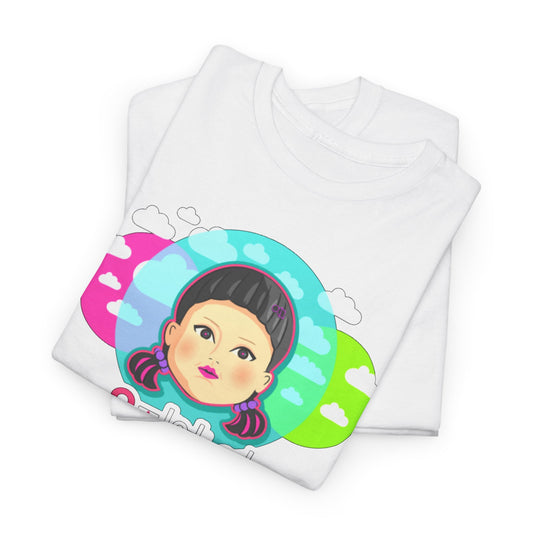 Squid Game Unisex T-Shirt featuring a vibrant illustration of a character's face with colourful background clouds, luxurious graphic cotton tee for men and women.