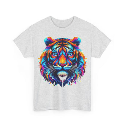 Front view of the vibrant Tiger's Whimsy Graphic Tee, displaying an artistic kaleidoscopic tiger design in vivid colors.