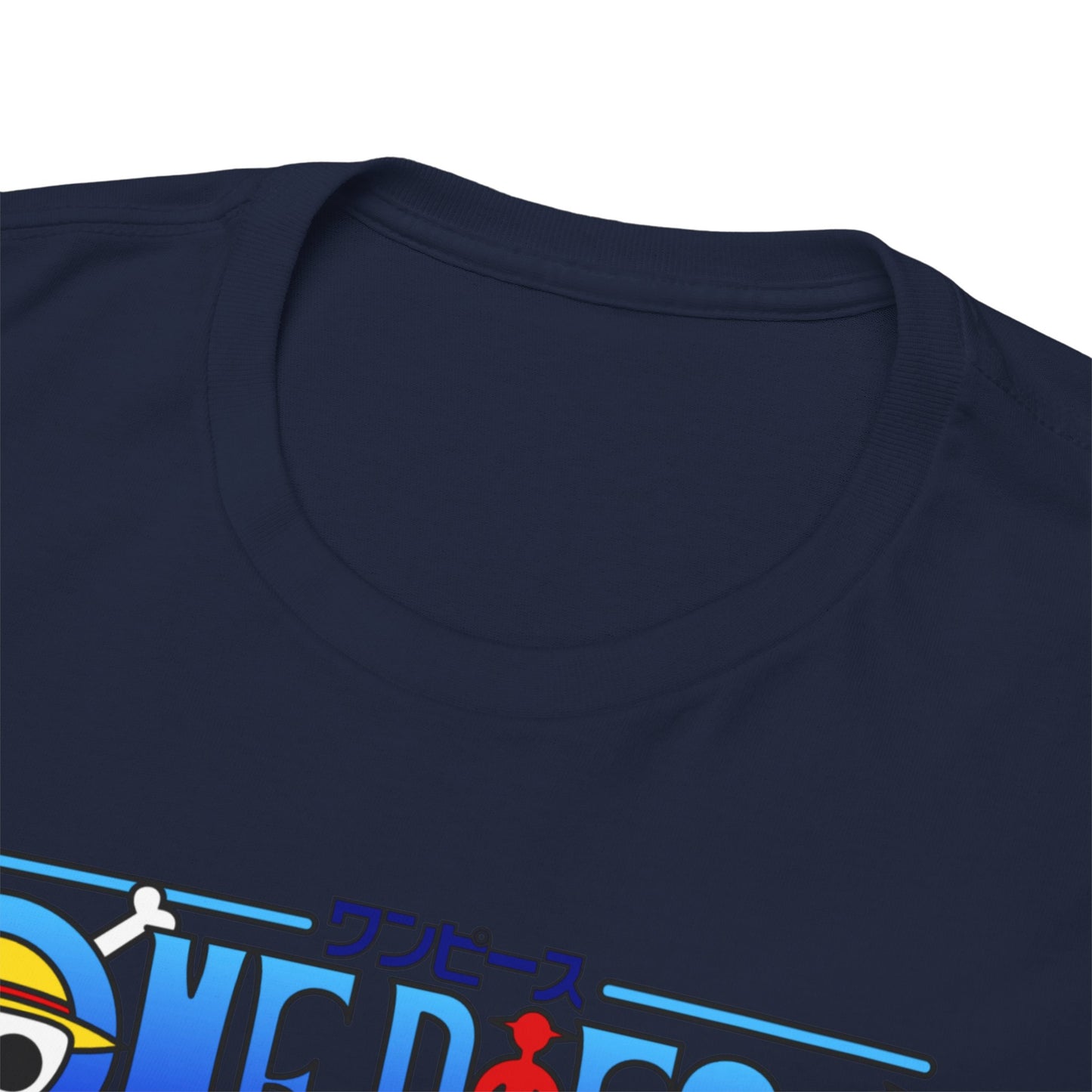 Close-up of a luxurious navy blue t-shirt collar, adorned with the striking 'One Piece' logo, perfect for discerning anime fashion lovers seeking quality and style.