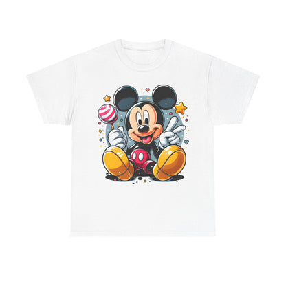 Chic Mickey Mouse Unisex Graphic Tee Shirt in White, featuring a charming illustration of Mickey Mouse with bright accents, radiating joy and nostalgia.