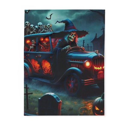 Stylish Decorative and Warm Halloween Spooky Arctic Fleece Blanket featuring a witch driving a vintage car with skeletons, perfect for seasonal home decor.