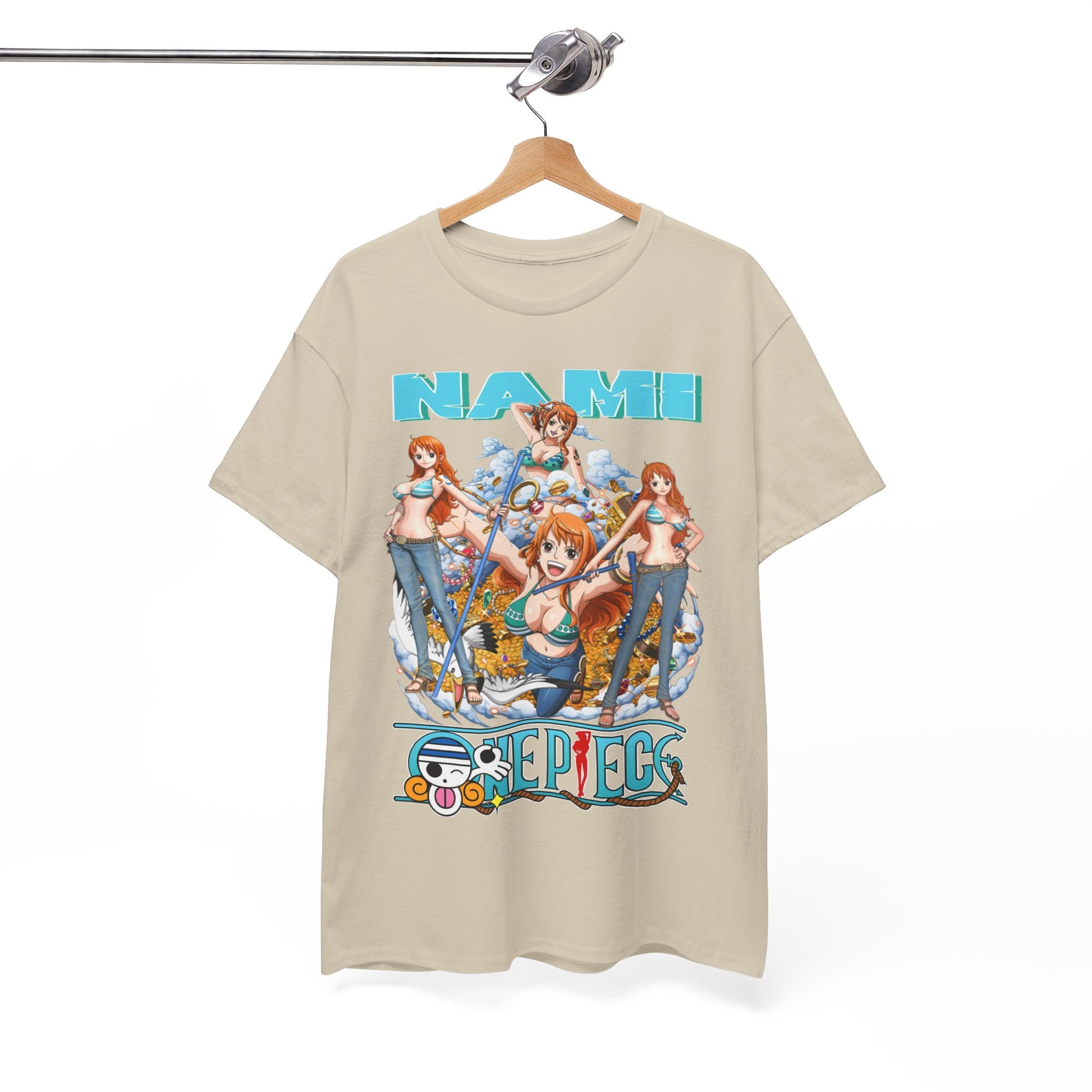 Nami anime t-shirt elegantly displayed on a hanger, featuring stunning visuals of the character, complemented by a modern and refined ambiance.