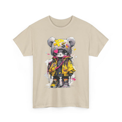Luxury men's t-shirt featuring a stylized panda bear in vibrant urban street style with bold accessories.