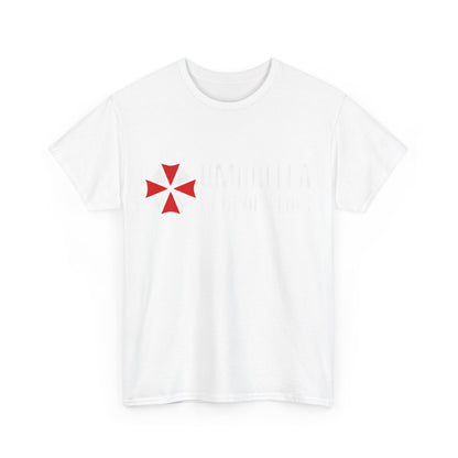 Front view of the Umbrella Corporation Graphic Unisex Tee Shirt, displaying the iconic red and white umbrella logo on classic white fabric.
