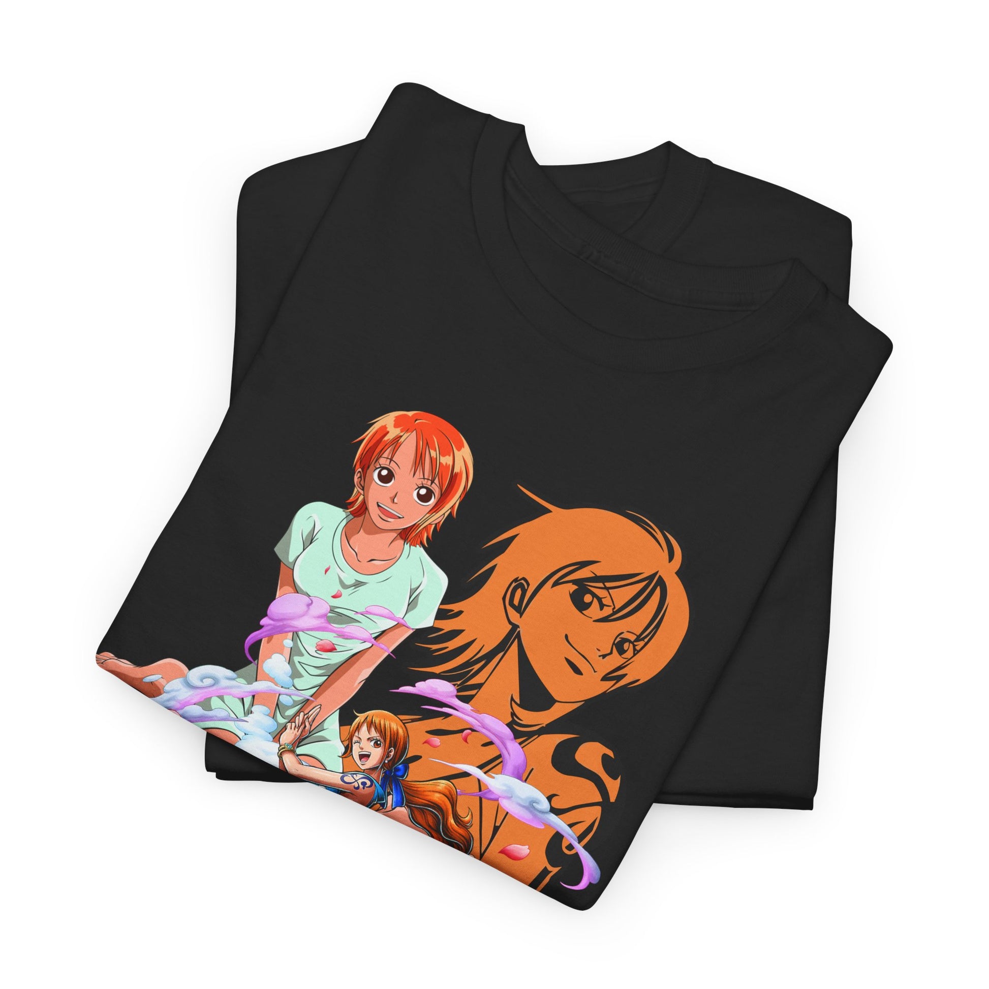 Premium quality men's t-shirt with captivating Nami anime visuals from One Piece, elegantly displayed in a folded black design, ideal for both casual and stylish ensembles.