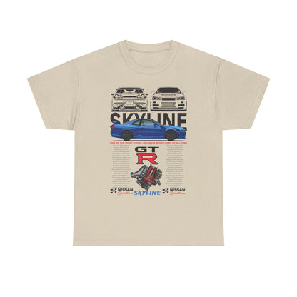 Elegant beige men’s t-shirt showcasing a stunning illustration of the Nissan Skyline GT-R, complemented by detailed vehicle specifications and a timeless design.