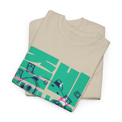 Stylishly folded beige t-shirts with a striking teal and pink Squid Game graphic, embodying luxury with a playful money illustration and the statement 'I'll Make Sure We Win.'