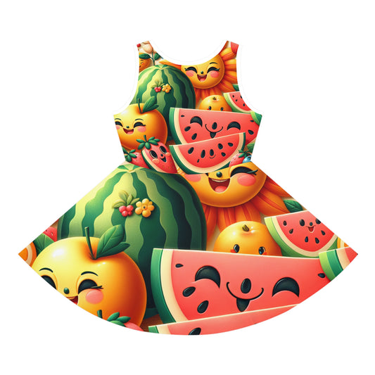 Charming Isabella Pristine Girls Sundress from Dazzling Dreams Studio showcasing lively fruit motifs, designed for stylish summer adventures.