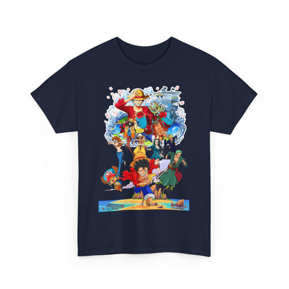 Striking front view of a luxury men’s t-shirt featuring vibrant anime characters in an intricate design, perfect for discerning fans.