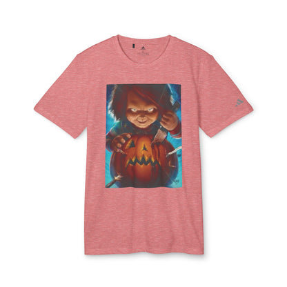 Adidas Unisex Halloween Chucky Cute T-shirt in pink, adorned with a playful yet spooky illustration of Chucky, perfect for combining style with Halloween spirit.