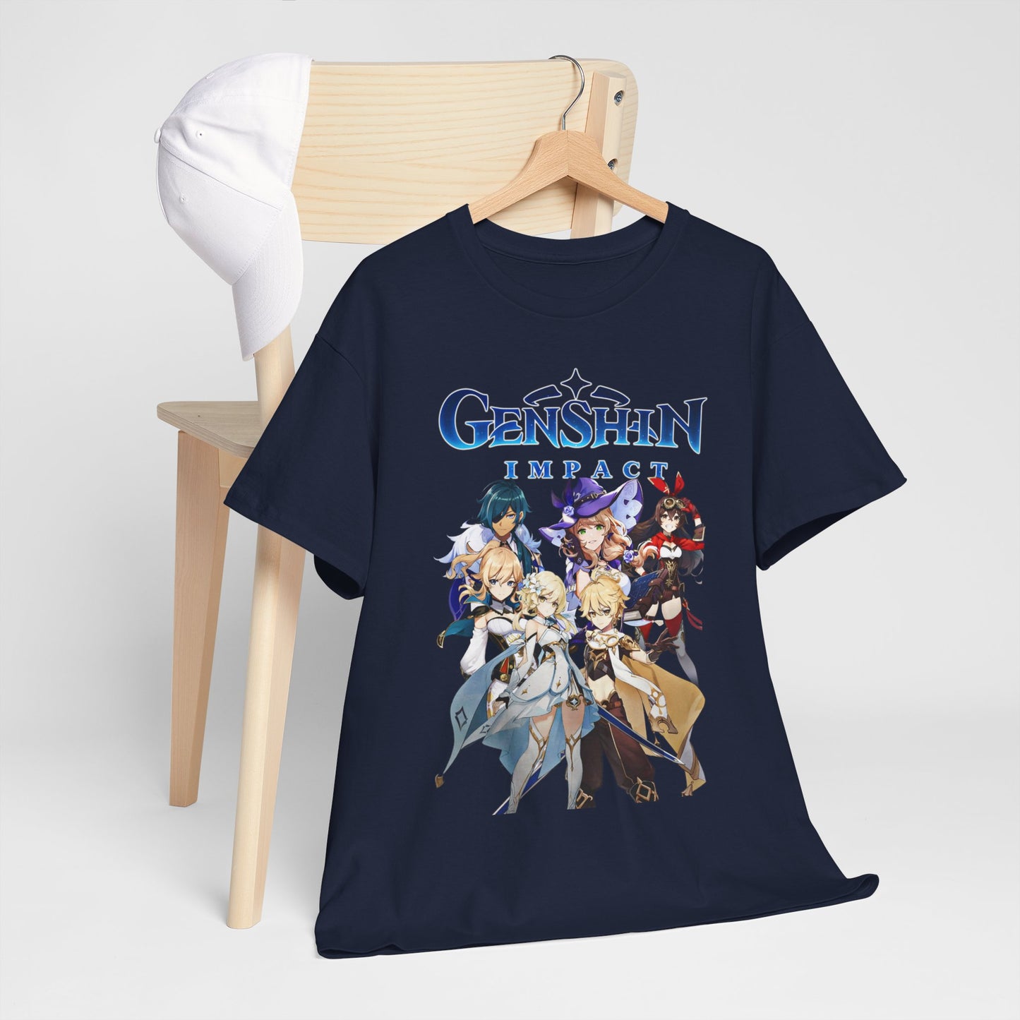 Luxurious Genshin Legends T-shirt featuring a vibrant design with anime-inspired characters, elegantly displayed on a wooden hanger beside a stylish cap.