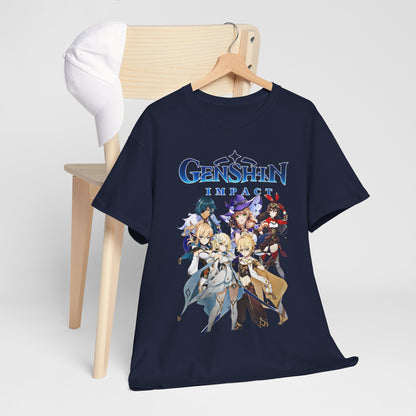 Luxurious Genshin Legends T-shirt featuring a vibrant design with anime-inspired characters, elegantly displayed on a wooden hanger beside a stylish cap.