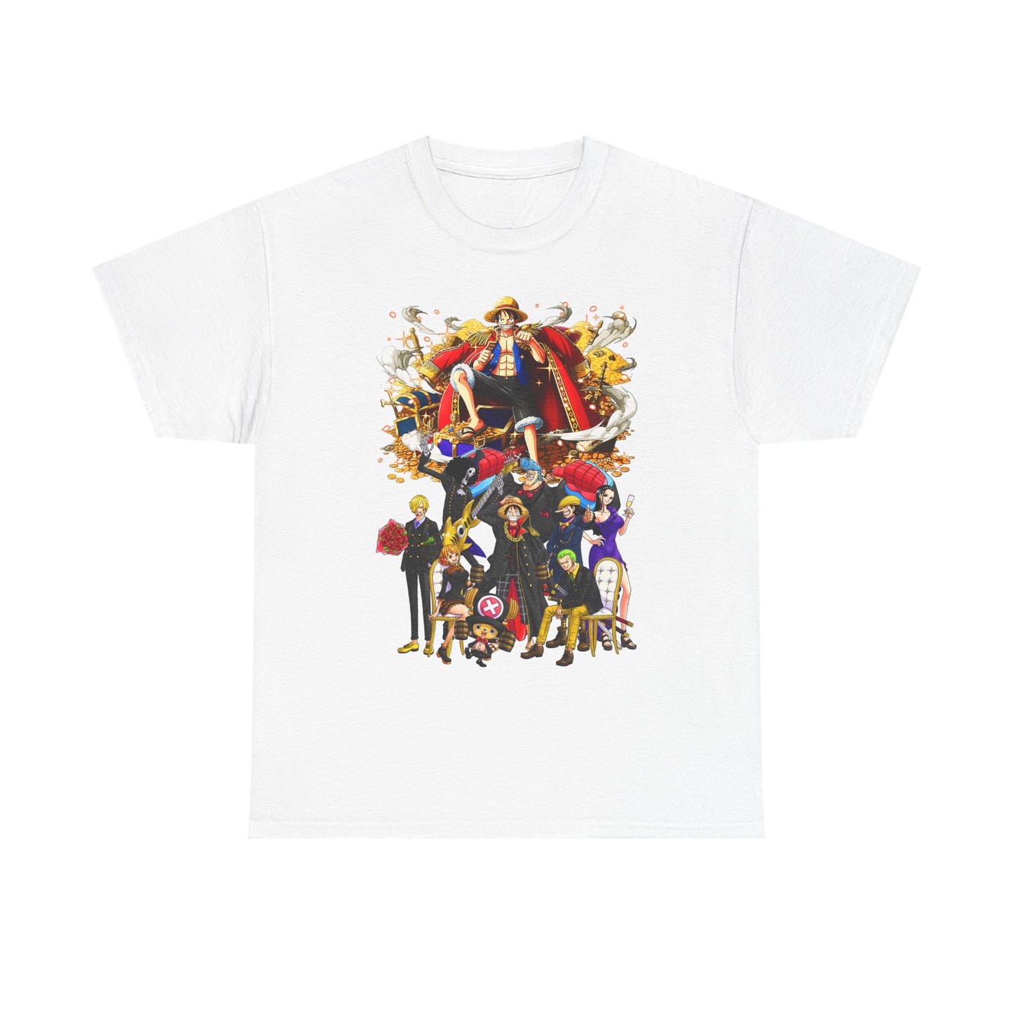 Elegant white t-shirt adorned with a stunning graphic of an adventurous anime crew, capturing the essence of camaraderie and excitement in high-definition detail.